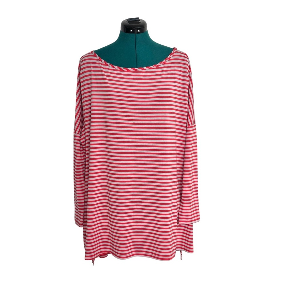 Umgee Red and White Striped Oversized Long Sleeve High Low Top